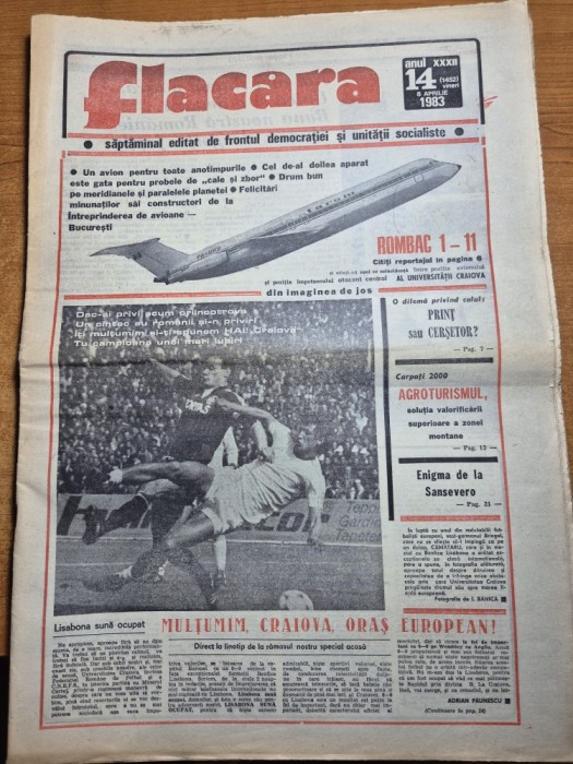 ziarul flacara 8 aprilie 1983 - avionul romanesc rombac 1- 11 ,universitatea craiova in semifinala cupei uefa