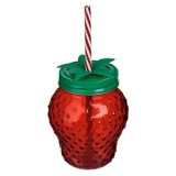 Pahar din Sticlă &icirc;n Formă de Căpșună 3D cu Pai, 450 ml, Roșu, CMCLASS