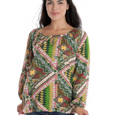 Bluza Dama cu Maneca lunga tip IE, Verde cu Imprimeu Multicolor - XL