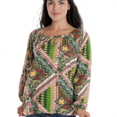 Bluza Dama, cu Maneca lunga tip IE, Verde cu Imprimeu Multicolor - M