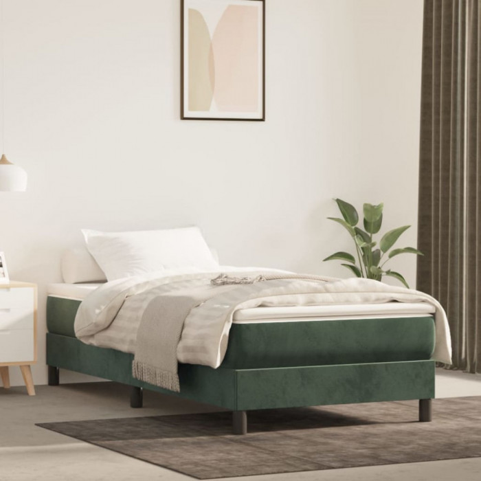 vidaXL Pat box spring cu saltea, verde &icirc;nchis, 90x200 cm, catifea