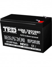 Acumulator 12V, TED Electric, Stationar, VRLA, Dimensiuni 151 x 65 x 95 mm, Baterie 12V 9.1Ah F2 foto