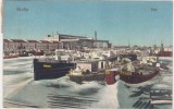 Brăila Port iarna cu șlepuri Marie Elisabeth și Filles &ndash; carte poștală interbelică circulată