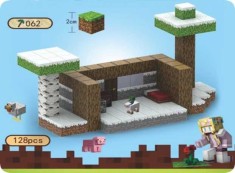 Set constructie cub magnet Minecraft 128 piese cu casuta de padure si animale