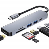 Hub USB Type-C 6 in 1 Axeloni &reg;, multiport 1 x USB 3.0 5Gbps, 1 x USB 2.0, HDMI 4K 30Hz, Card reader TD si SD Card, USB Type-C PD 87W 3A, Gri