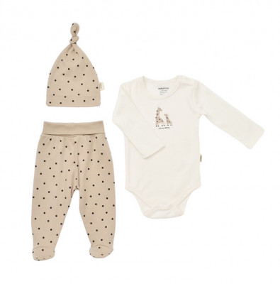 Set 3 piese: body, pantaloni si caciulita Girafa, BabyCosy, 100% bumbac organic (Marime: 0-3 Luni) foto