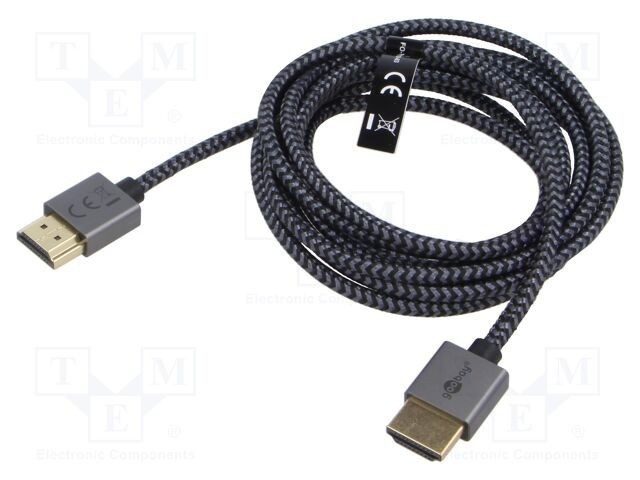 Cablu HDMI Goobay 2m textil negru și gri, HDMI 2.0, High Speed, 4K, HDR
