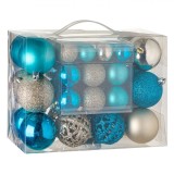 Set Globuri de Crăciun Globuri de Crăciun Value Pack, 50 Bucăți, Culoare Bej și Turcoaz, Dimensiuni 3-4-6 cm, Mat și Strălucitor și cu Glitter, Materi