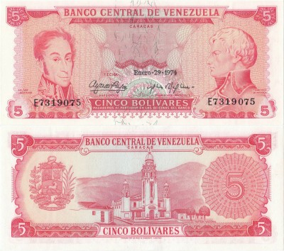 1974 (29 I), 5 Bol&amp;iacute;vares (P-50h.1) - Venezuela - stare UNC foto