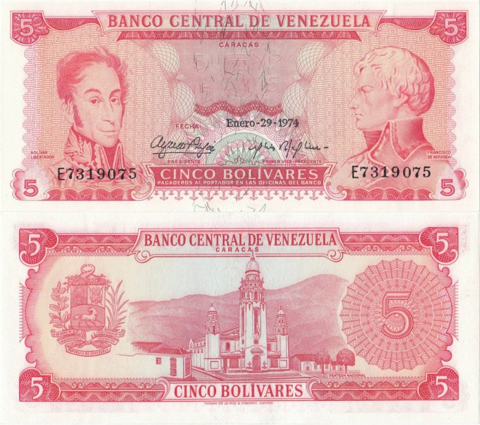 1974 (29 I), 5 Bol&iacute;vares (P-50h.1) - Venezuela - stare UNC