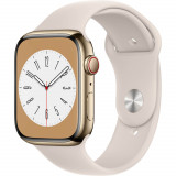 Cumpara ieftin Apple Watch Series 8 GPS + Cellular, 45mm, Gold Stainless Steel Case, Starlight Sport Band