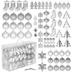 Set 72 Globuri Decoratiuni de Craciun pentru Brad, din Plastic, Argintiu