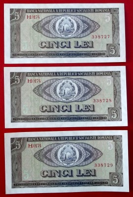 Romania 3 x 5 Lei 1966 serii consecutive 727 728 729 UNC necirculate ** foto