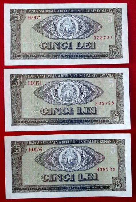 Romania 3 x 5 Lei 1966 serii consecutive 727 728 729 UNC necirculate **