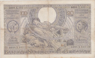 Belgia 100 Francs 20 Belgas 1939 VF foto
