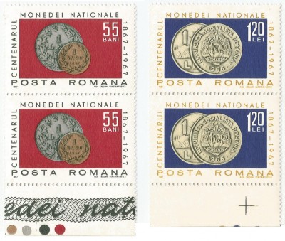 Romania, LP 646/1967, Centenarul monedei nationale, pereche verticala, MNH foto