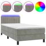 Cumpara ieftin Pat cu arcuri, saltea si LED, gri deschis, 90x190 cm, catifea