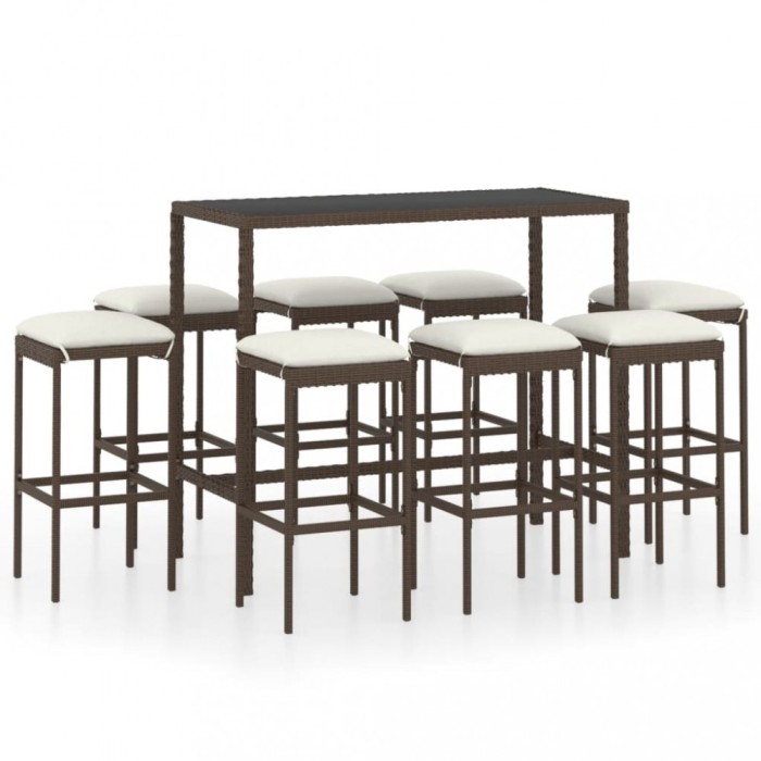 vidaXL Set mobilier bar de grădină cu perne, 9 piese, maro, poliratan