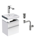 Cumpara ieftin Set mobilier si lavoar, Geberit, Smyle, 60 cm, cu baterie Hansgrohe Vivenis si sifon Alcadrain