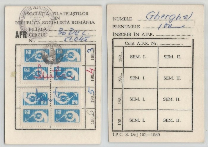 Romania, Carton cotizatie A.F.R.(IV), Bucuresti, 1983