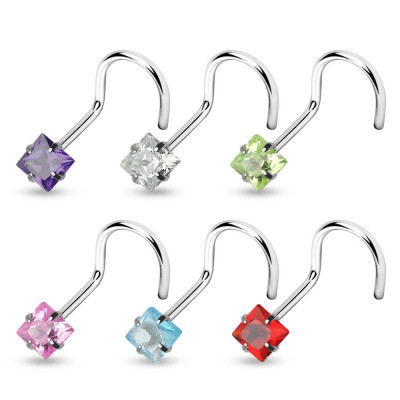 Piercing curbat nas cu zircon pătrat - Dimensiune: 1 mm x 6 mm x 3 mm, Culoare Piercing: Verde foto