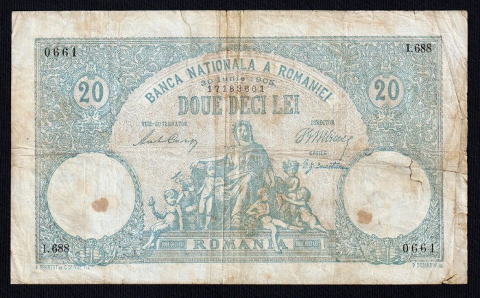 ROMANIA - 20 lei - IUNIE 1905 . Data mai rara de emisie, stare buna