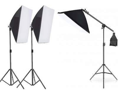 Kit de 3 softboxuri cu macara ajustabila, 3 trepiezi reglabili 200 cm, fara becuri foto