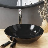 VidaXL Chiuvetă baie, robinet&amp;scurgere tip push, negru, sticlă călită