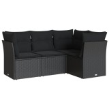 Set mobilier de gradina cu perne, 4 piese, negru, poliratan