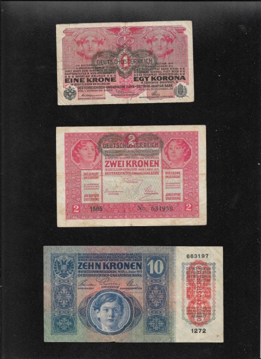 Set Austria Austro Ungaria 1 + 2 + 10 + 20 + 100 kronen coroane VG-F