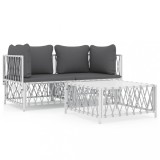 Cumpara ieftin Set mobilier de gradina, 3 piese, cu perne, alb, otel