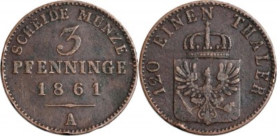 1861 - A - 3 pfenninge - Wilhelm I - Regatul Prusiei Monetaria : Berlin foto