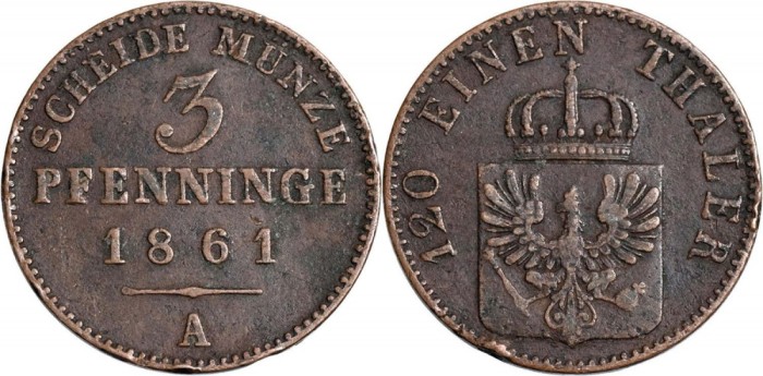 1861 - A - 3 pfenninge - Wilhelm I - Regatul Prusiei Monetaria : Berlin