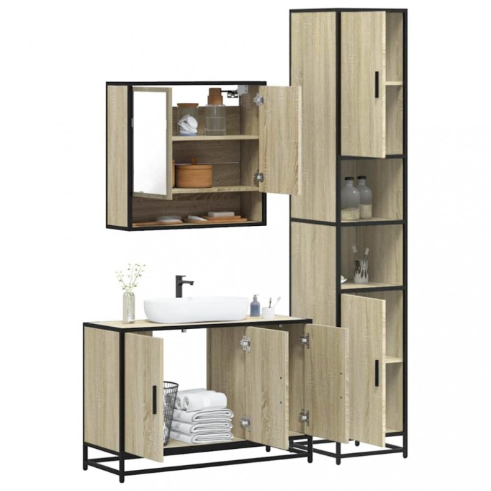 Gossi set mobilier de baie, 3 piese, stejar sonoma, lemn prelucrat