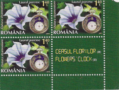 2013- Ceasul florilor II val de 1,40 lei bloc de 3 timbre +vigneta coala posta foto