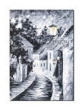 Cumpara ieftin Tablou in alb si nregru pictat manual, Pe strada cu felinare, stilizat, 70x50cm ulei pe panza in cutit efect 3D