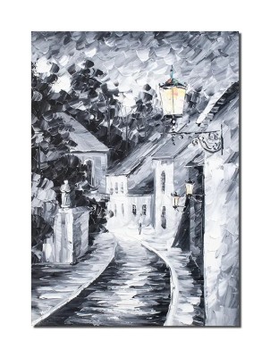 Tablou in alb si nregru pictat manual, Pe strada cu felinare, stilizat, 70x50cm ulei pe panza in cutit efect 3D foto