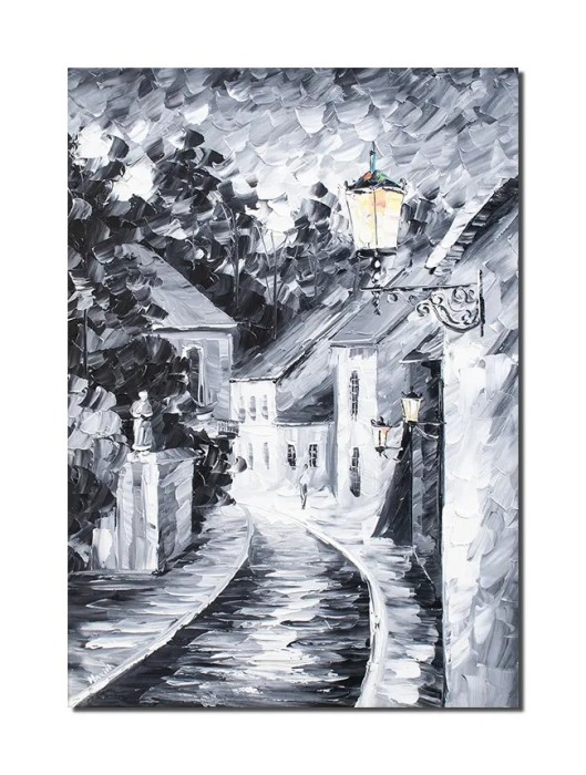 Tablou in alb si nregru pictat manual, Pe strada cu felinare, stilizat, 70x50cm ulei pe panza in cutit efect 3D