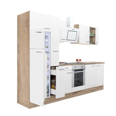 Mobilă de bucătărie Yorki 300, corp din stejar sonoma, față alb satinat, element cuptor inferior, frigider congelator superior foto