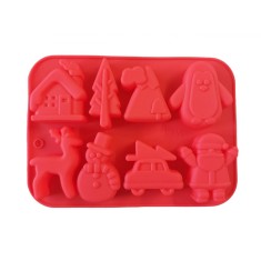 Forma silicon pentru prajituri, Tema Craciun, 8 cavitati, Rosu, 20 cm, 483COF