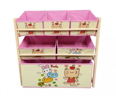 Organizator jucarii cu 6 cutii de depozitare, 66 cm x 27 cm x 60 cm, roz foto