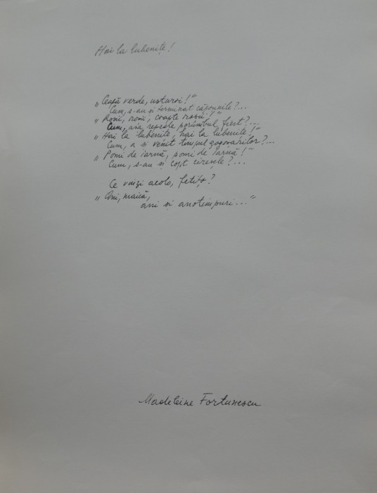 Manuscris de expozitie scris olograf de poeta Madeleine Fortunescu, poezia Hai la lubenite !