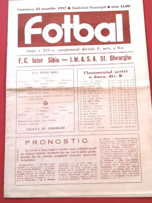 Program meci fotbal FC INTER SIBIU - IMASA SFANTU-GHEORGHE (22.03.1987) foto