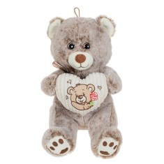 Ursuleț de Plus, Model Clasic, Gri Bej, &Icirc;nălțime 28 cm, Inimă Ecru cu Broderie