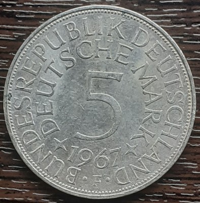 (A864) MONEDA DIN ARGINT GERMANIA - 5 MARK 1967, LIT F, 11,2 GRAME. PURITATE 625 foto