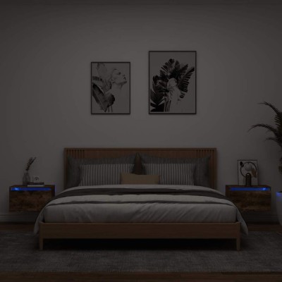 vidaXL Noptiere montate pe perete cu lumini LED, 2 buc.,stejar fumuriu 836835 foto