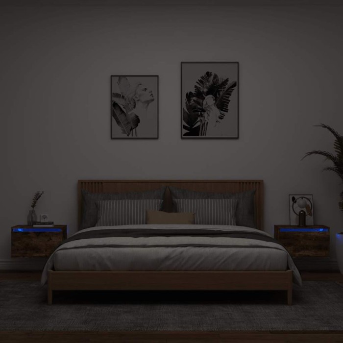 vidaXL Noptiere montate pe perete cu lumini LED, 2 buc.,stejar fumuriu 836835