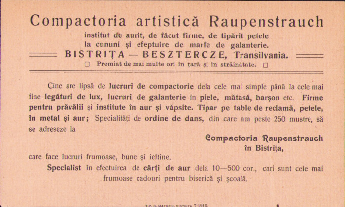 HST A2164 Reclamă Compactoria artistică Raupenstrauch Bistrița 1913