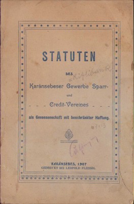 HST C1109 Statuten des Karansebeser Gewerbe Spar und Credit-Vereines 1907 foto