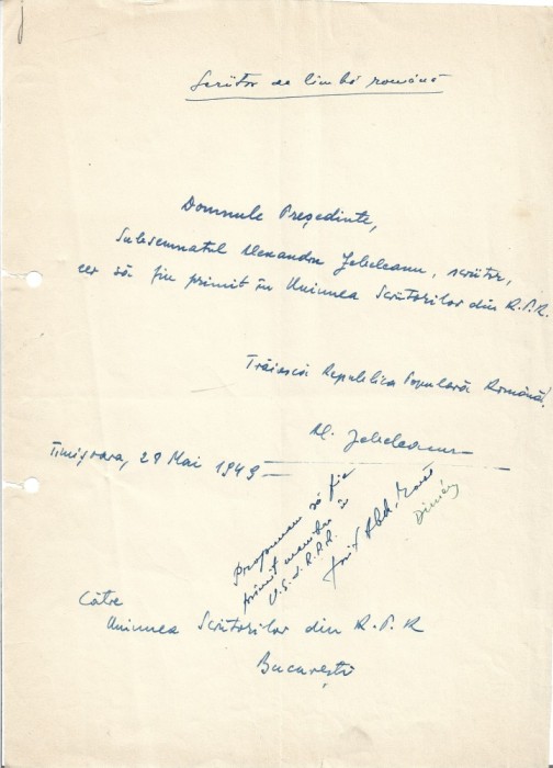 A3597N Alexandru Jebeleanu, act scris și semnat olograf, 1949, Timișoara